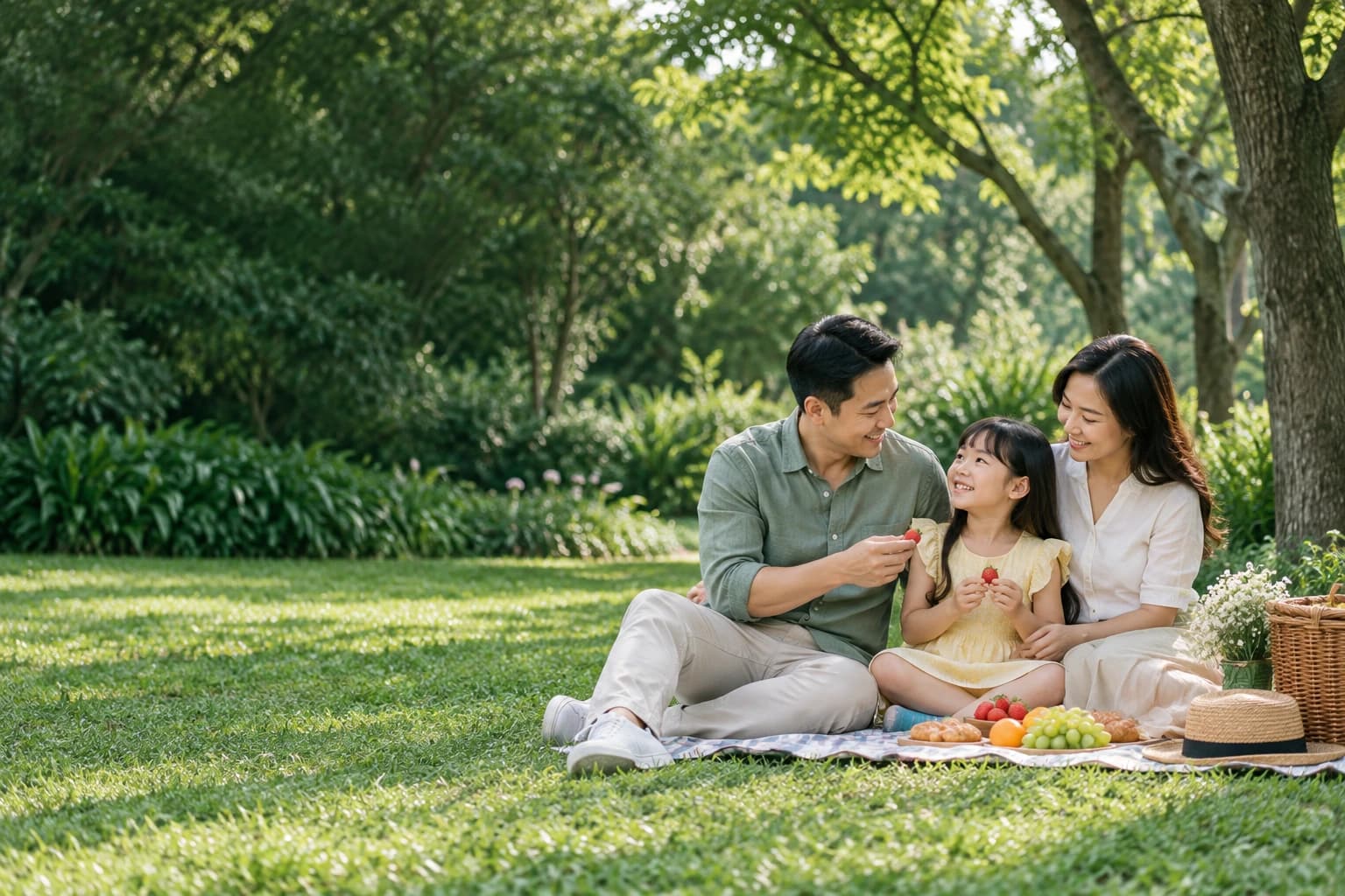 Minh họa gia đình Việt Nam tận hưởng thời gian bên nhau trong công viên
